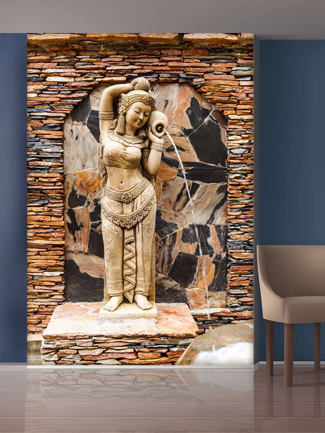 

999Store Red & Grey Stones Wall And Standing Lady Mural Self-Adhesive Wallpaper