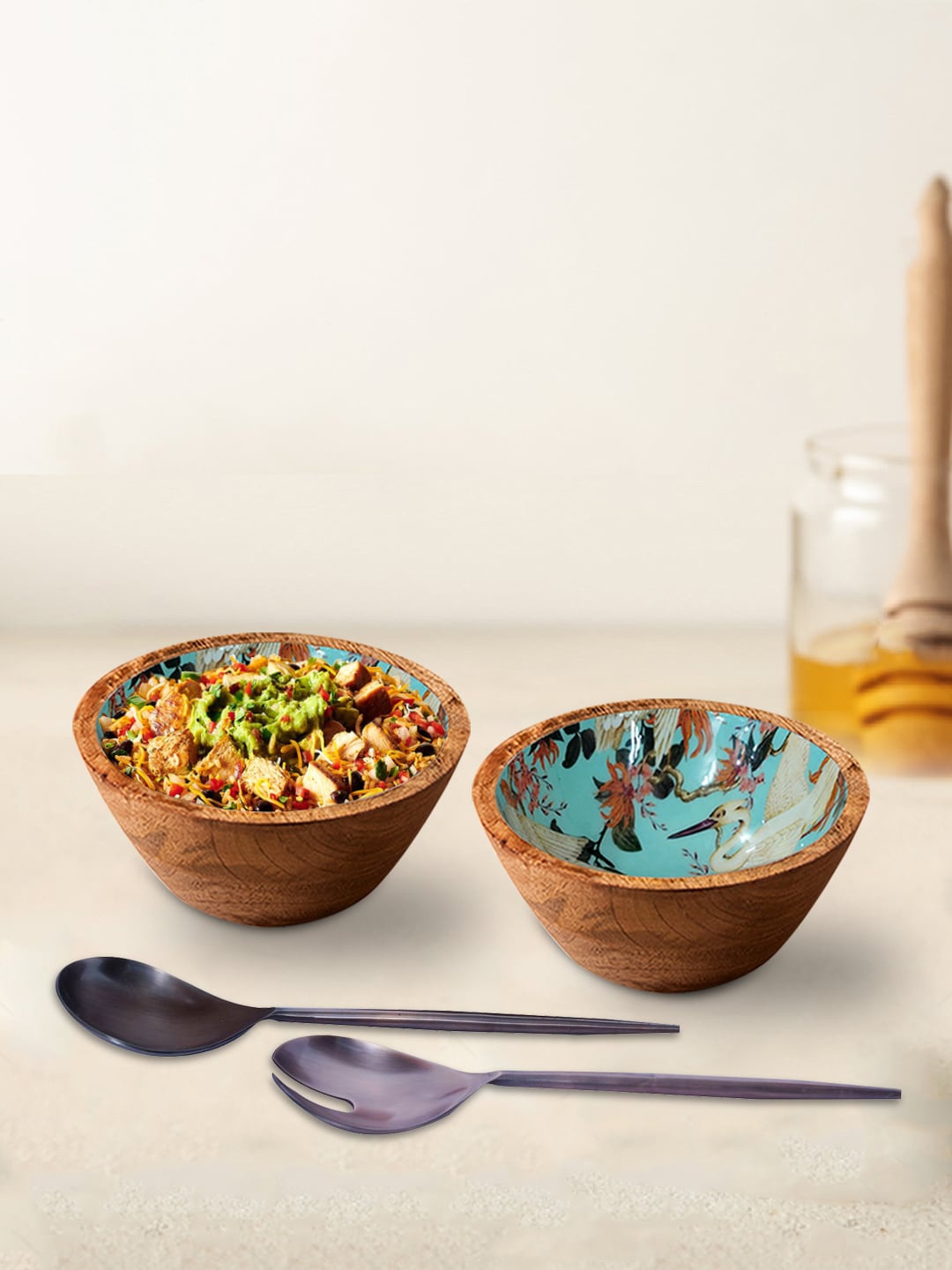 

nestroots Set of 4 Brown & Green Printed Bowls and Serving Spoons