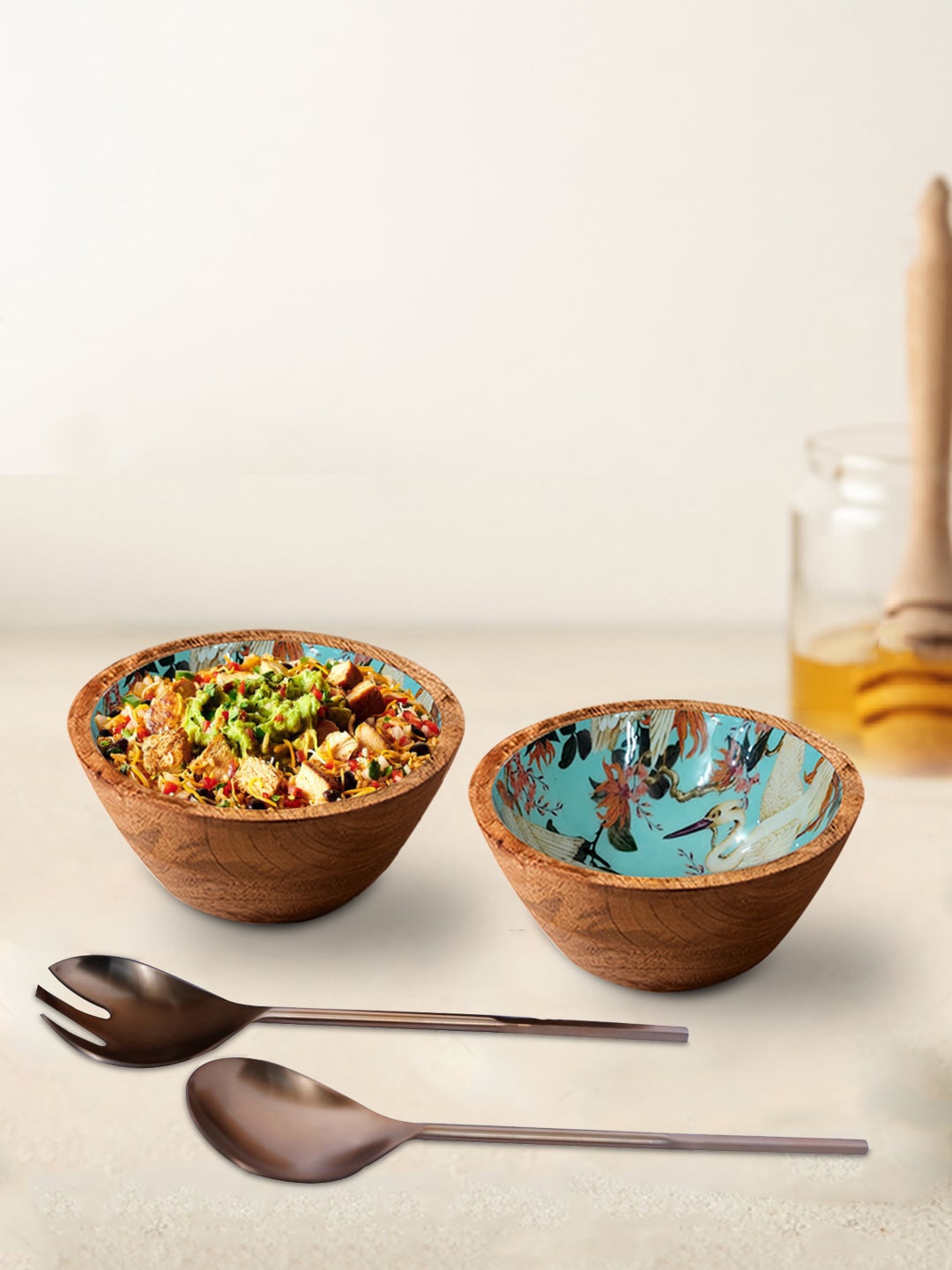 

nestroots Set Of 4 Brown Printed Serving Bowls With Serving Spoon And Fork