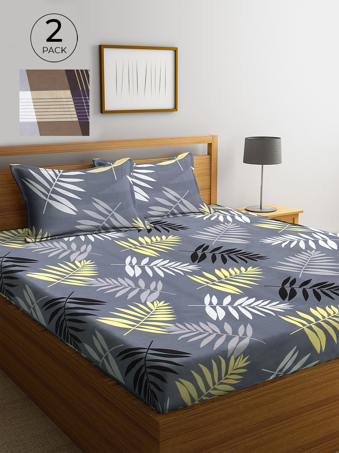 

KLOTTHE Set Of 2 Printed 300 TC King Bedsheet With 4 Pillow Covers, Grey