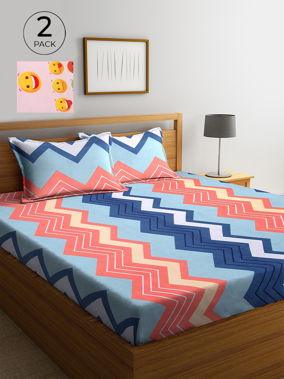 

KLOTTHE Blue & Pink Geometric 210 TC 2 King Bedsheet with 4 Pillow Covers