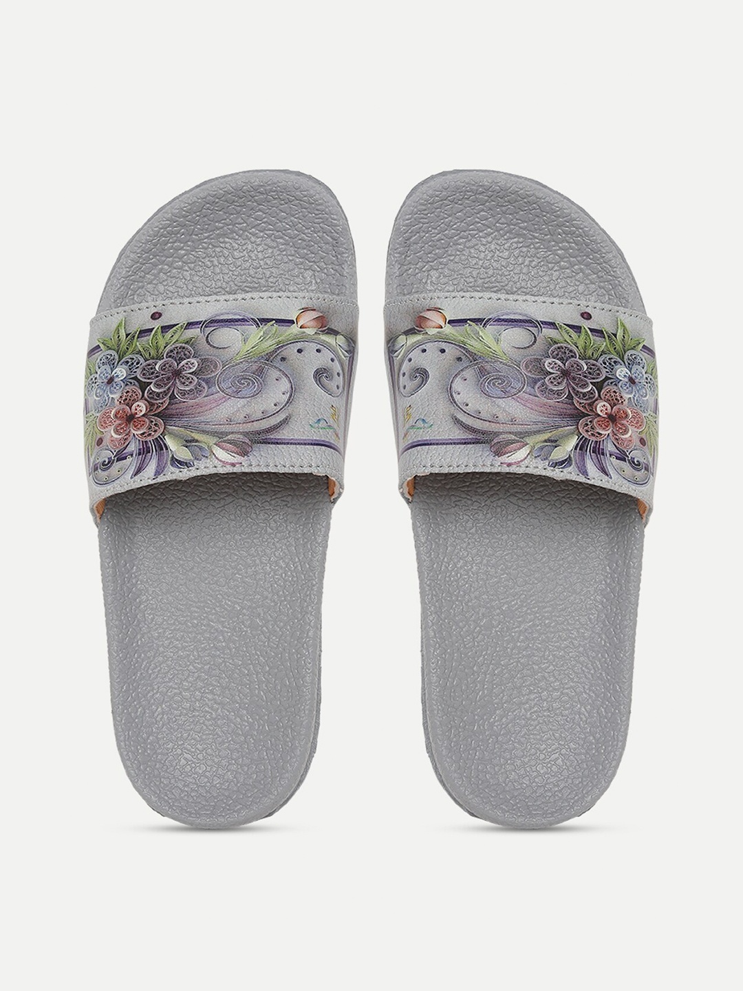 

FREECO Women Grey & Green Printed Sliders