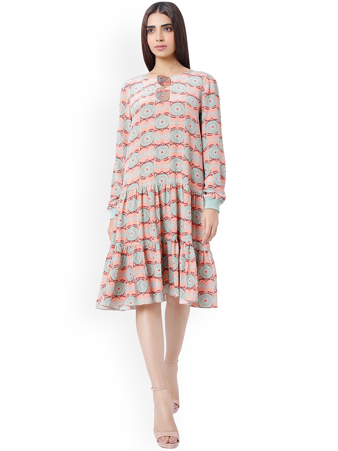 

PS PRET BY PAYAL SINGHAL Women Coral & Blue Crepe Bohemian Drop-Waist Dress