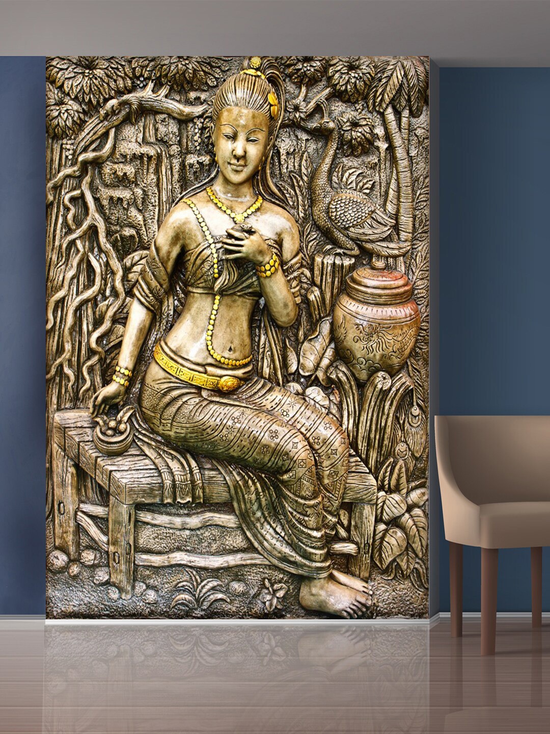 

999Store Gold-Toned & Brown Leaves & Sitting Lady Mural Self-Adhesive Wallpaper
