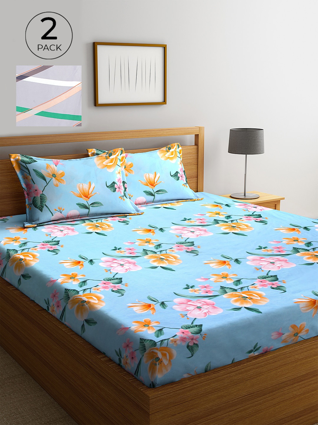 

KLOTTHE Multicolor Floral 210 TC Poly Cotton 2 King Size Double Bedsheet Set, Blue