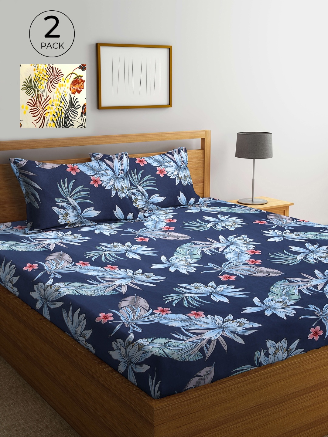 

KLOTTHE Multicolor Floral 210 TC Poly Cotton 2 King Size Double Bedsheet Set, Blue