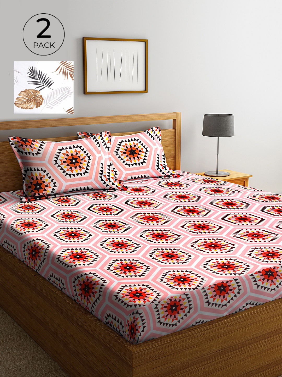 

KLOTTHE White & Pink Geometric 210 TC 2 King Bedsheet with 4 Pillow Covers