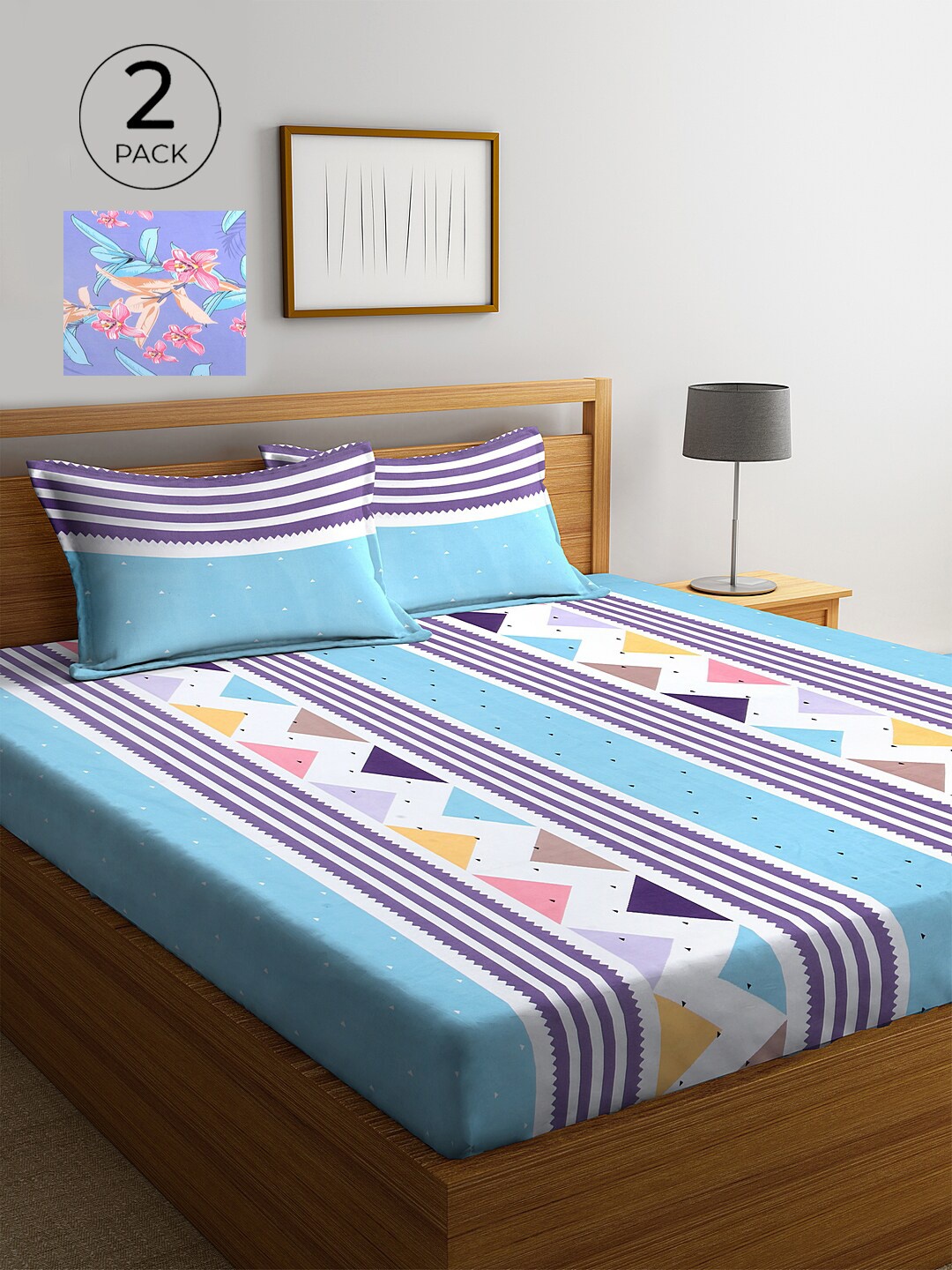 

KLOTTHE Blue & Purple Geometric 210 TC 2 King Bedsheet with 4 Pillow Covers