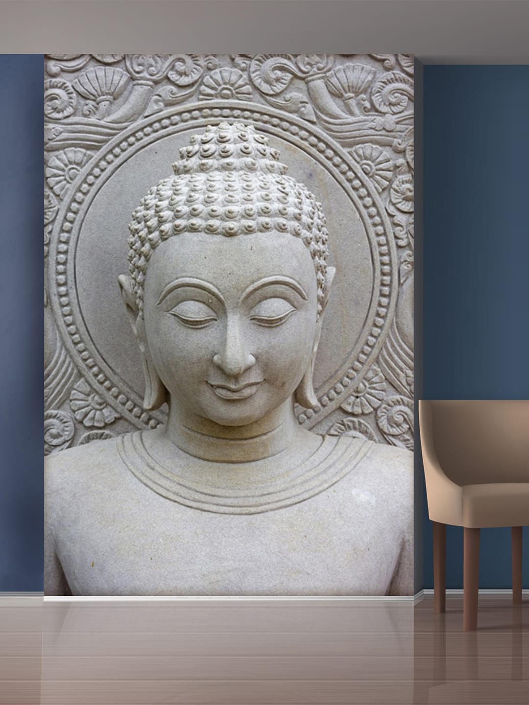 

999Store White Self-Adhesive 3X5 Feet Buddha face Mural Wallpaper