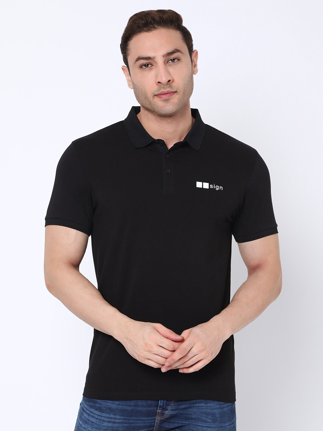 

Rex Straut Jeans Men Black Polo Collar Slim Fit T-shirt