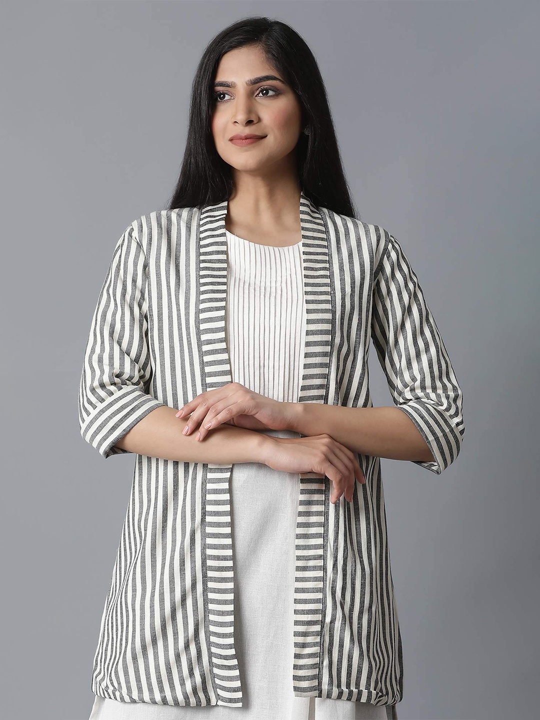 

W Women Off White & Grey Striped Shrug