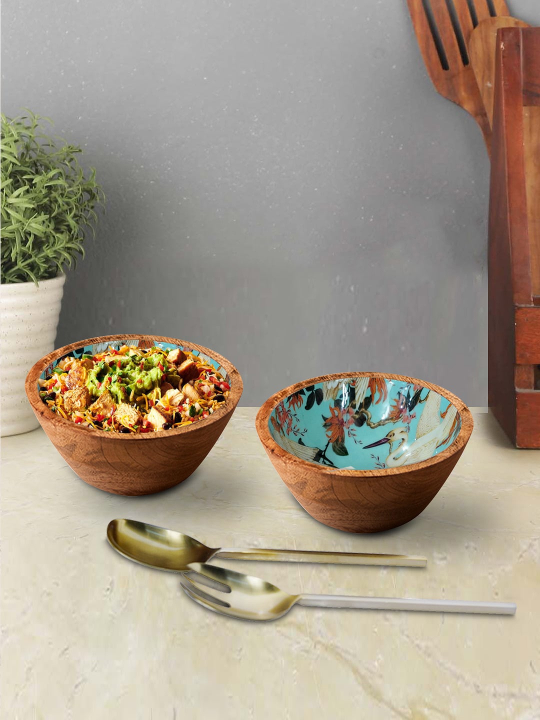 

nestroots Set of 4 Brown & Green Printed Bowls and Servers