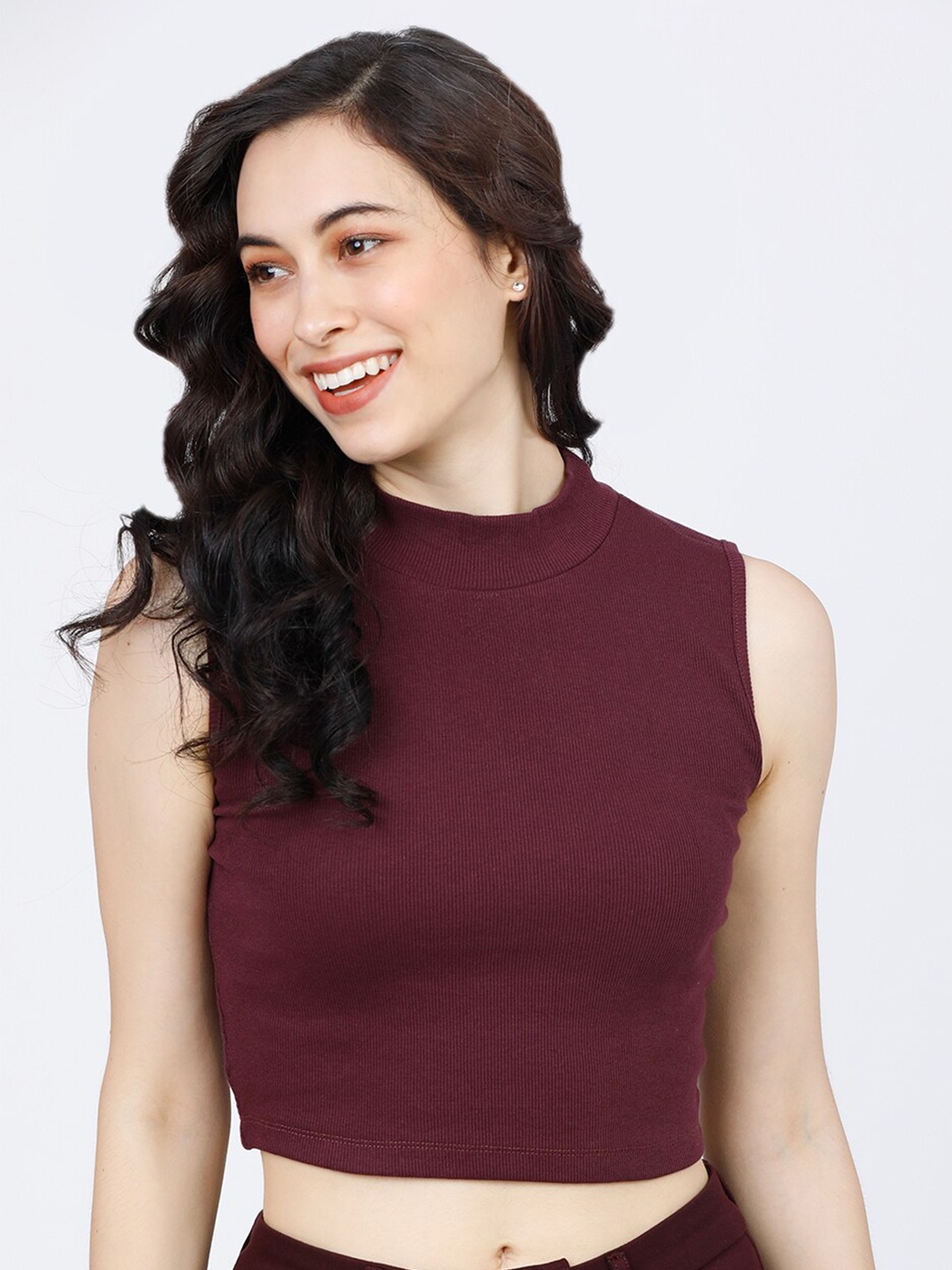 

Tokyo Talkies Maroon Fitted Crop Top