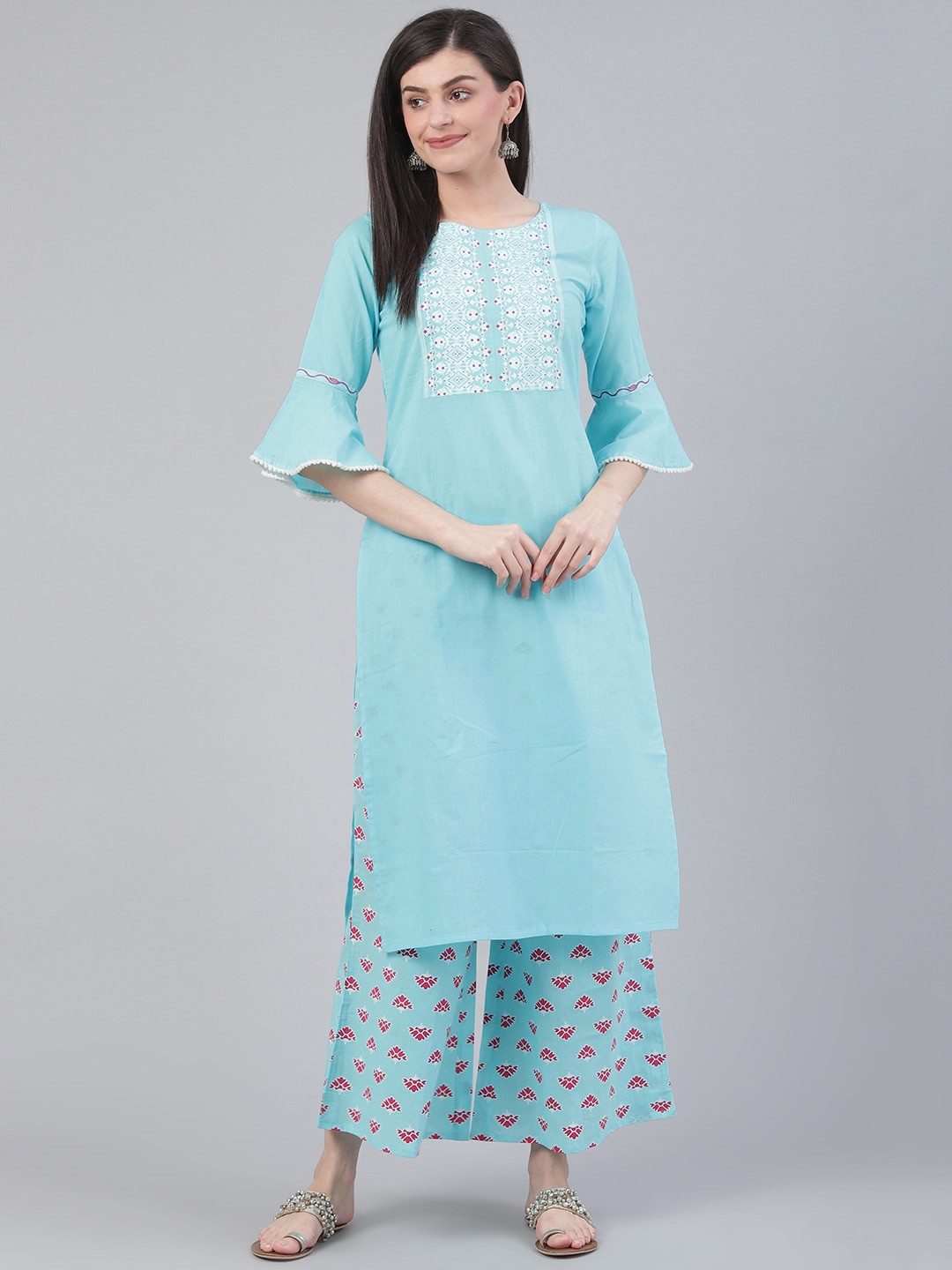 

Varanga Women Blue Floral Yoke Design Kurta with Palazzos
