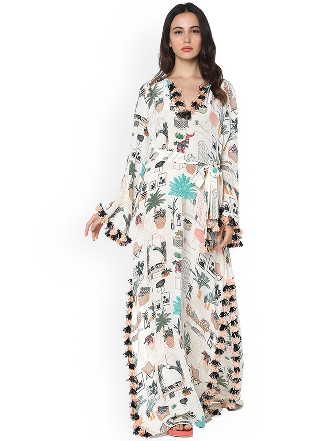 

PS PRET BY PAYAL SINGHAL White Floral High-Slit Kaftan Maxi Dress with Belt