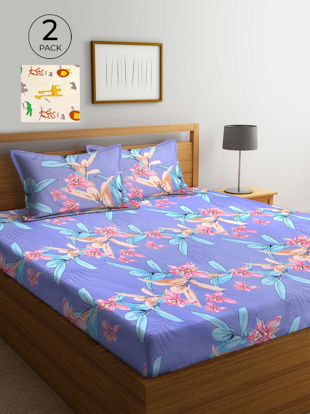 

KLOTTHE Purple & Cream-Coloured Floral 210 TC 2 King Bedsheet with 4 Pillow Covers
