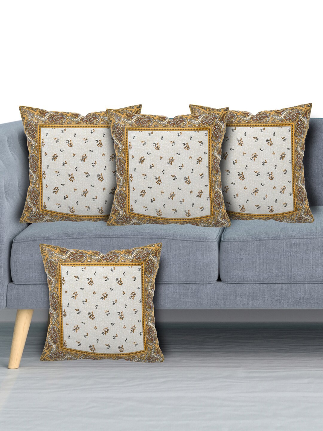 

Kuber Industries Cream & Mustard Yellow Set of 4 Ethnic Motifs Square Cushion Covers