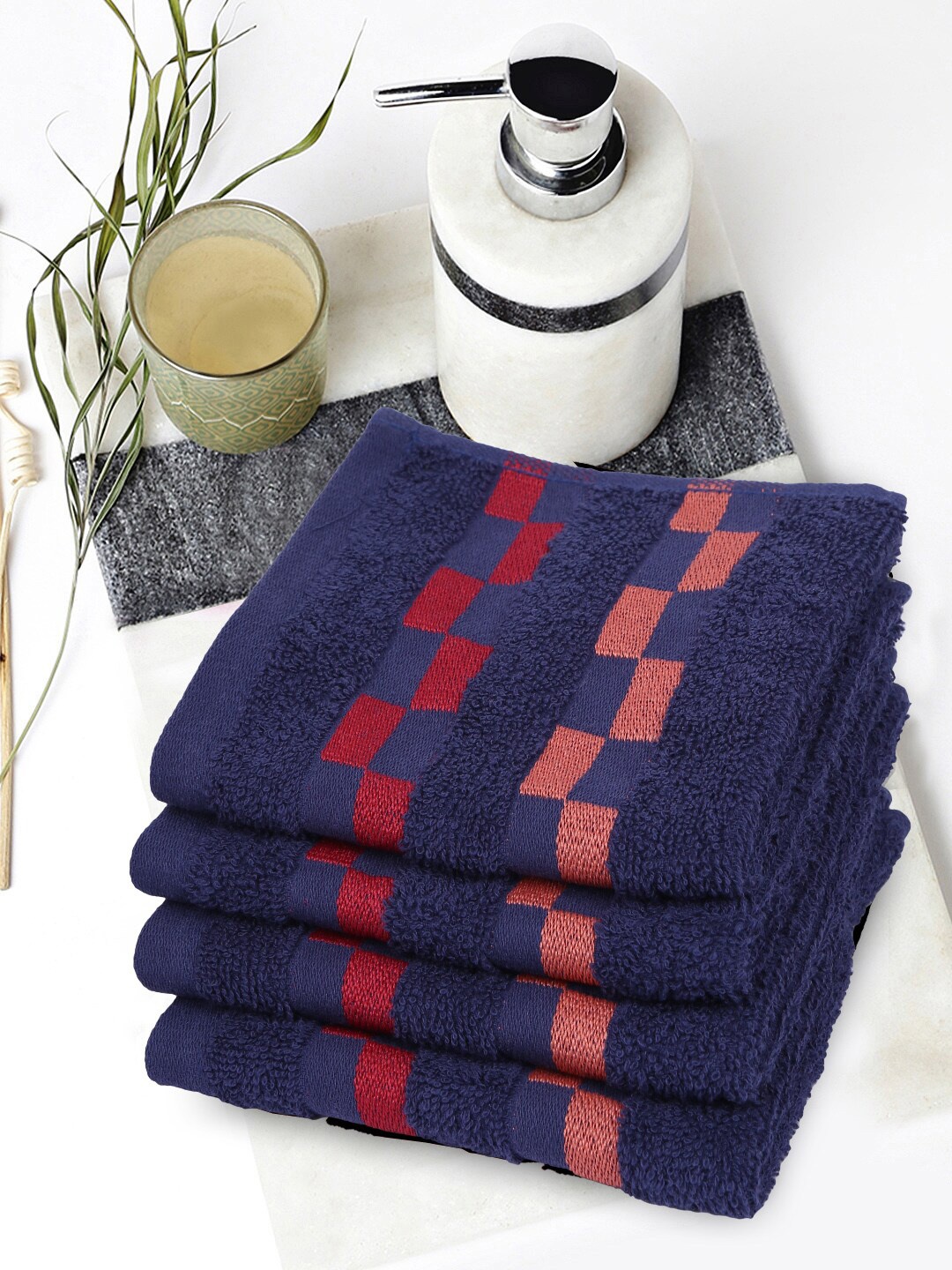 

BIANCA Set Of 4 Navy Blue & Red Striped 450 GSM Pure Cotton Towel Set