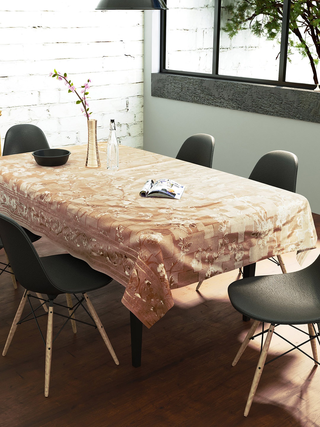 

Clasiko Peach-Coloured & Silver-Toned Floral Printed 6-Seater Table Cover