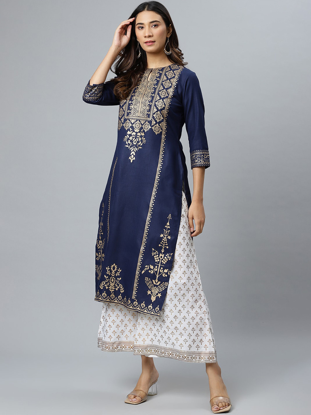 

Gerua By Libas Women Blue Ethnic Motifs Yoke Design Keyhole Neck Printed Straight Kurta