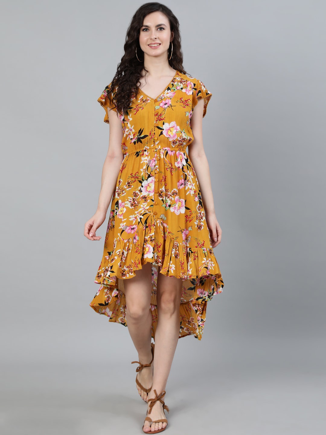 

Ishin Mustard Floral Georgette High to Low Flare Hem Line