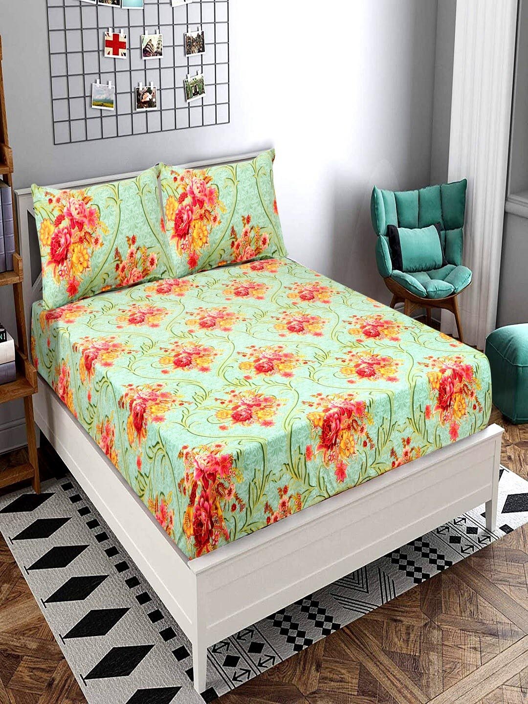 

BELLA TRUE Green & Red Floral 144 TC King Bedsheet with 2 Pillow Covers