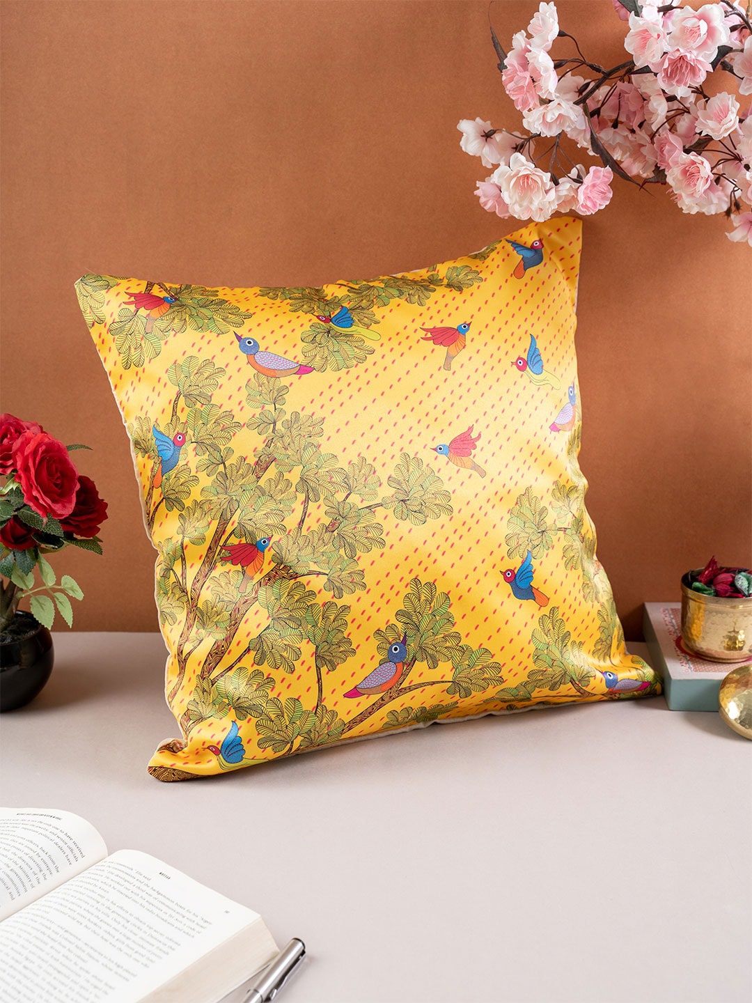 

KOLOROBIA Yellow & Blue Quirky Satin Square Cushion Covers