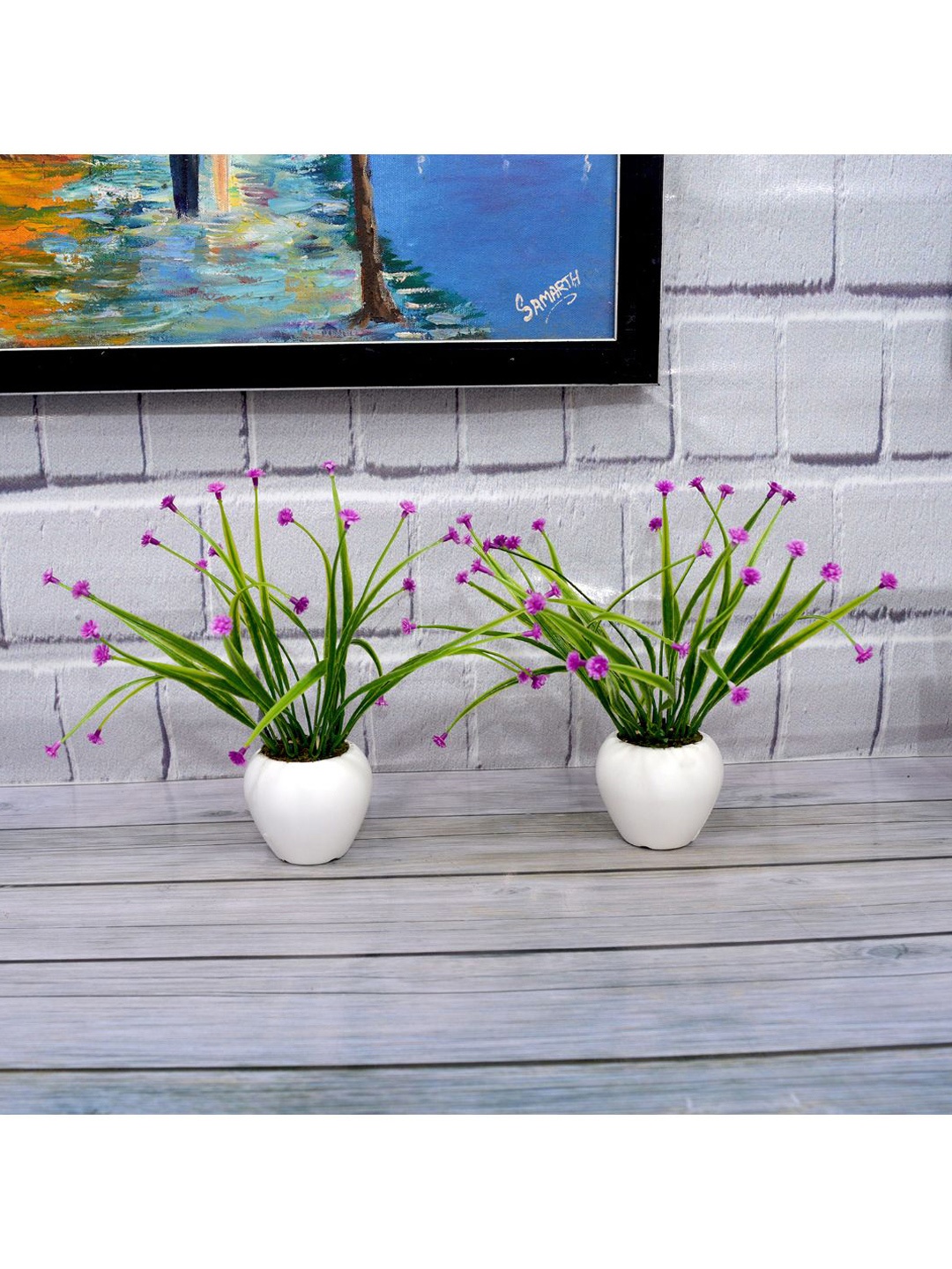 

fancy mart Set Of 2 Purple & Green Artificial Button Flower In White Apple Pot