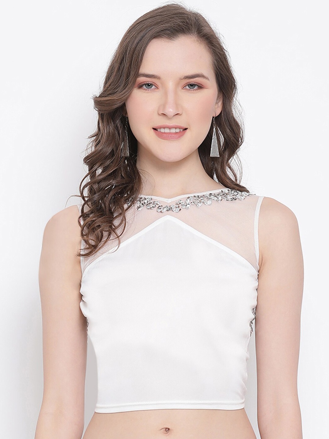 

LY2 White Embellished Sequined Net Fitted Crop Top
