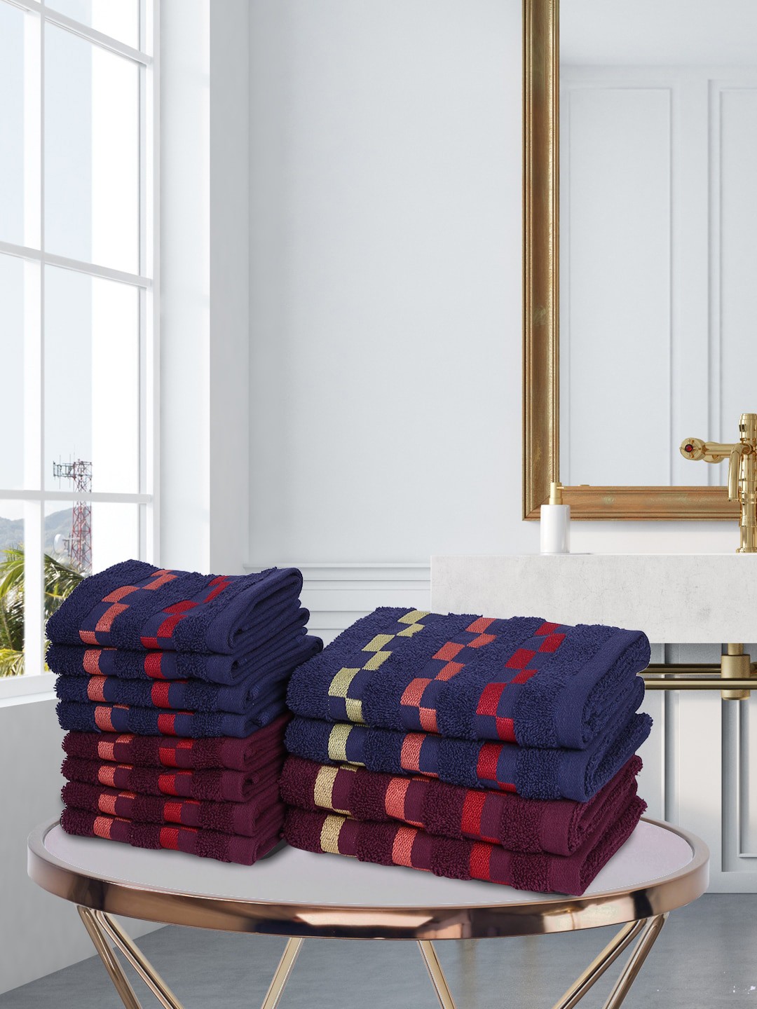 

BIANCA Set Of 12 Bumpy-Stripes 450 GSM Mercerized Combed Cotton Towel Set, Navy blue