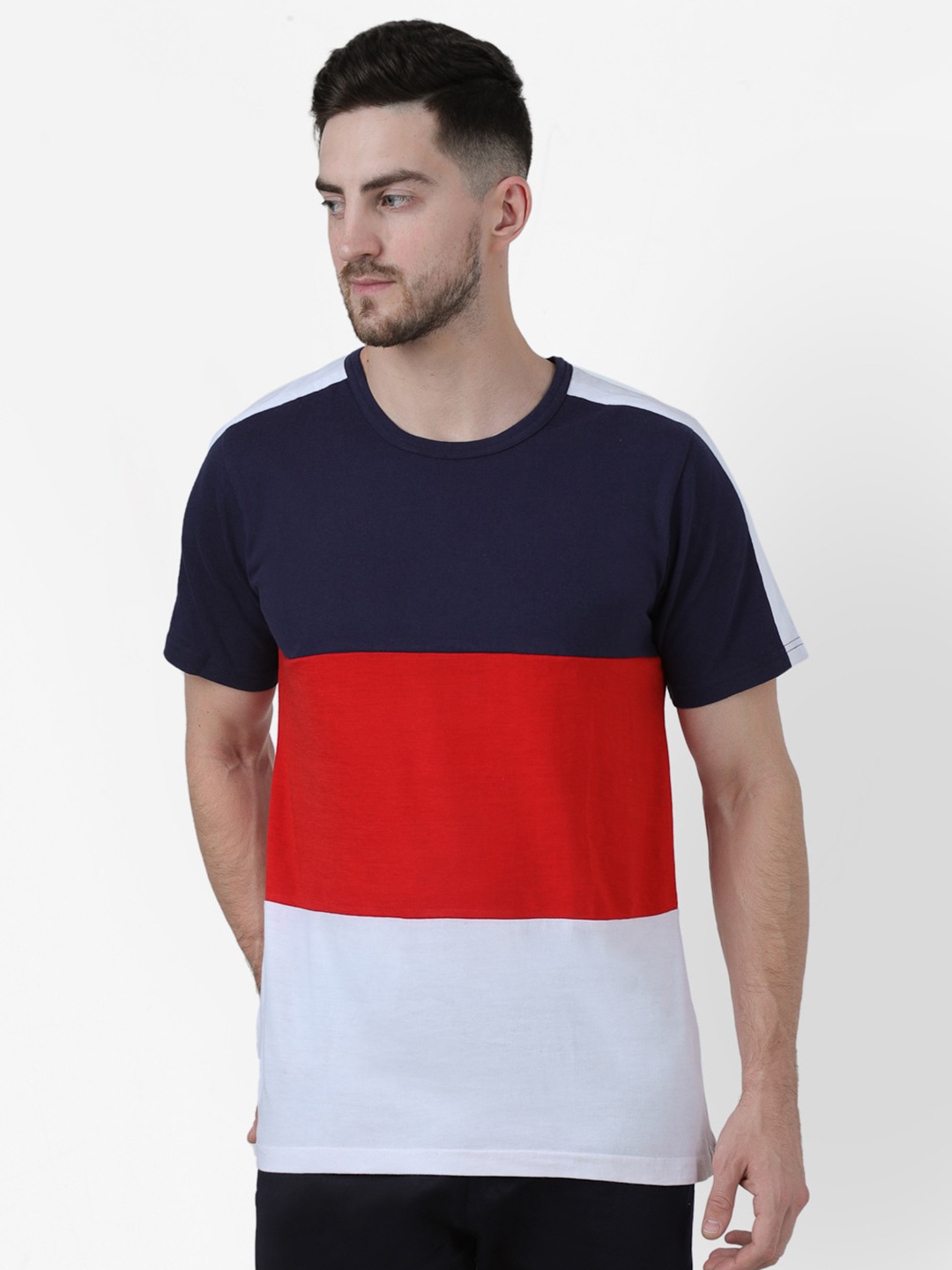

PAUSE SPORT Men Navy Blue & Red Colourblocked Slim Fit T-shirt