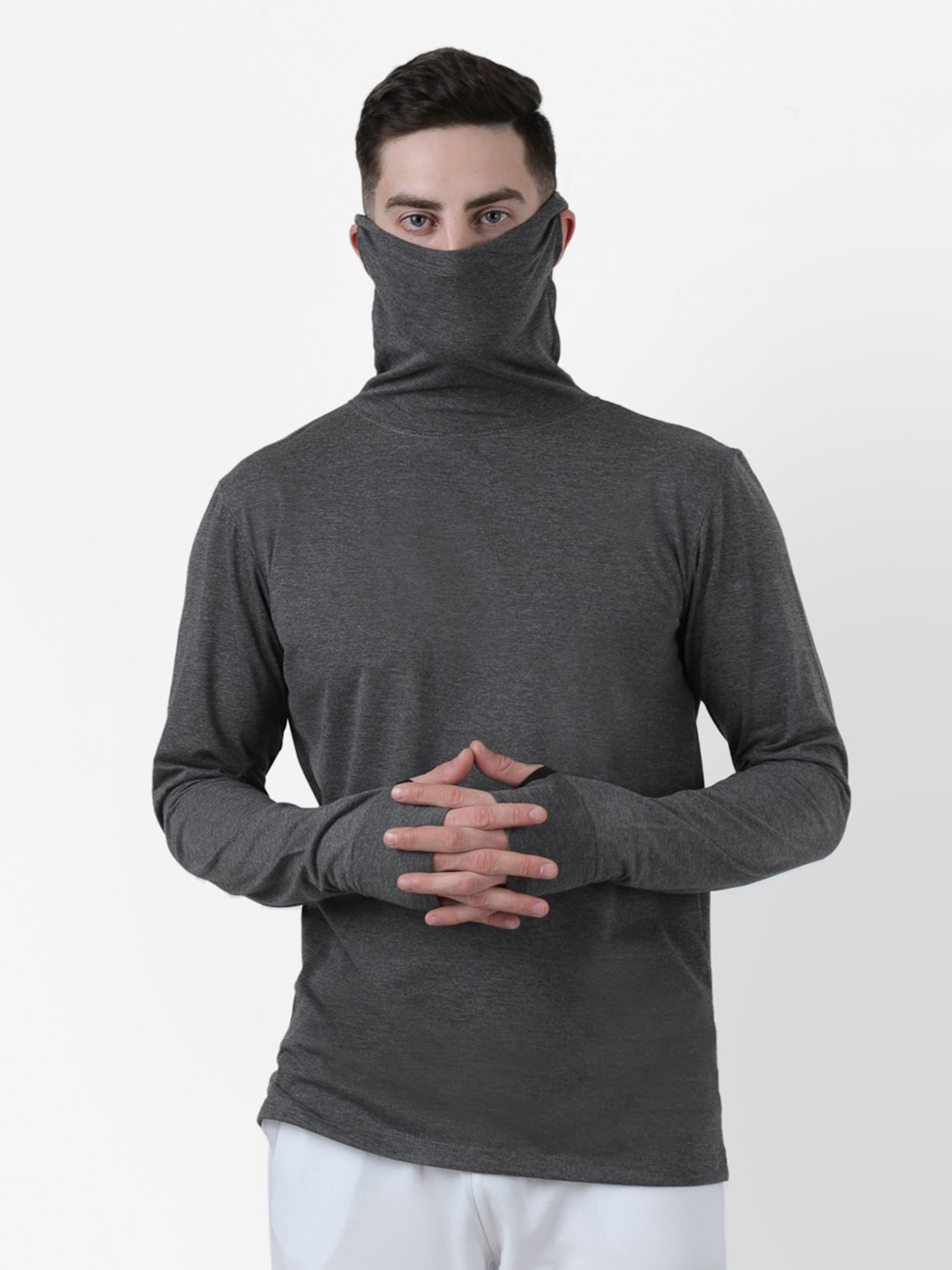 

PAUSE SPORT Men Grey Turtele Neck Drop-Shoulder Slim Fit T-shirt