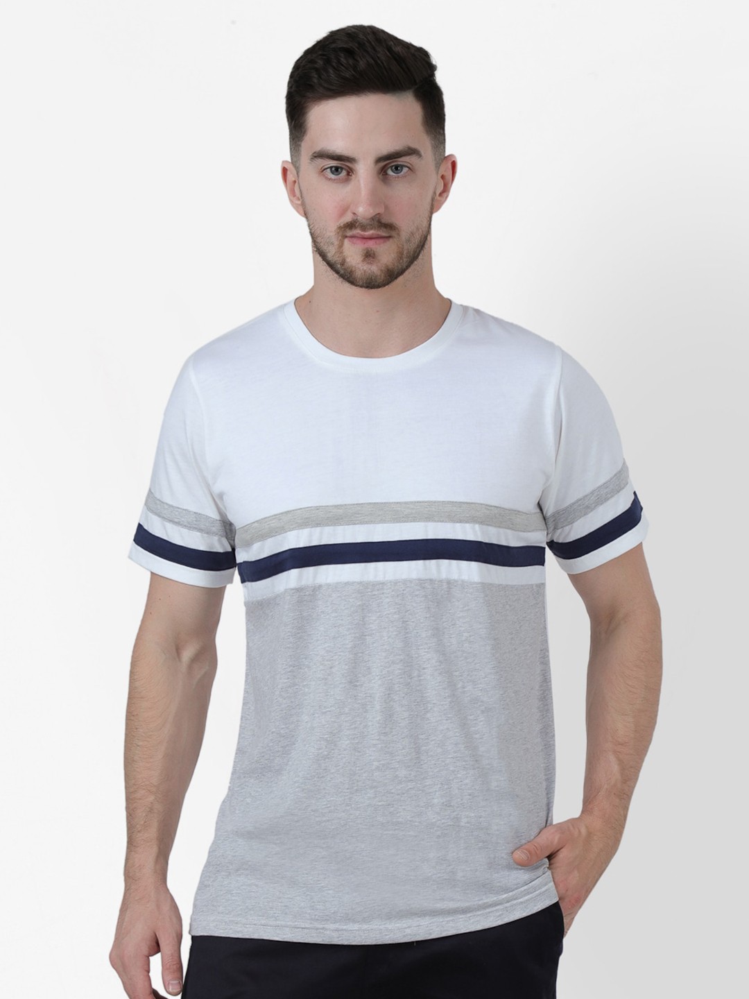 

PAUSE SPORT Men Grey & White Colourblocked Slim Fit T-shirt