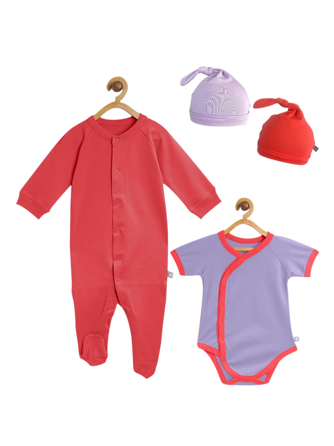

cherrytoes Unisex Kids Pack of 4 Solid Cotton Sleepsuits, Red