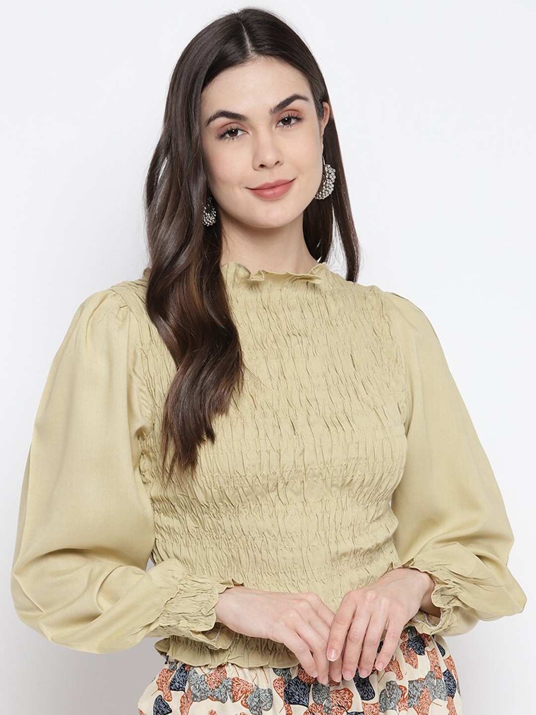 

Aawari Cream Coloured Ruffles Smocked Fitted Top