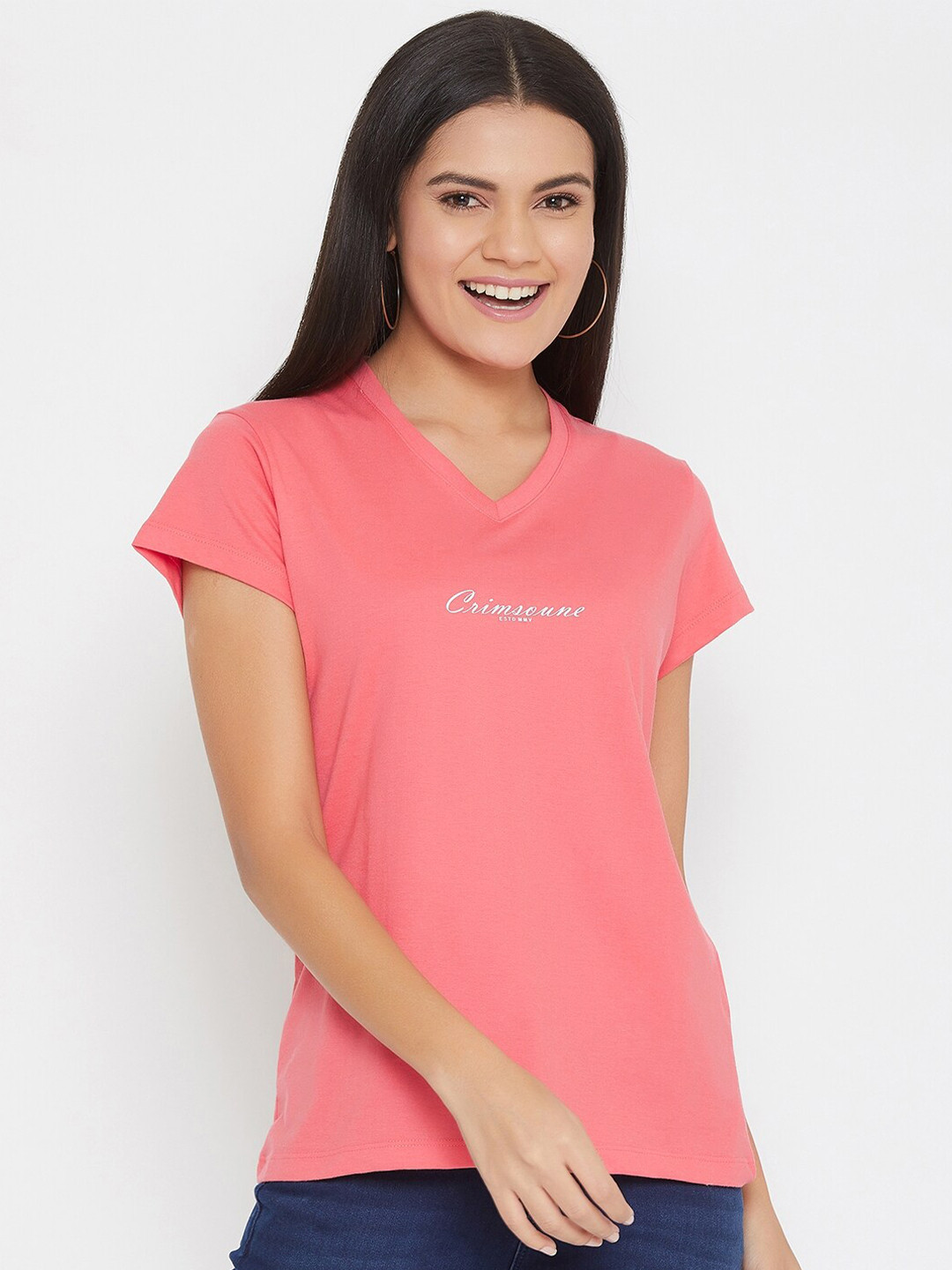 

Crimsoune Club Women Pink Typography Printed V-Neck Slim Fit T-shirt