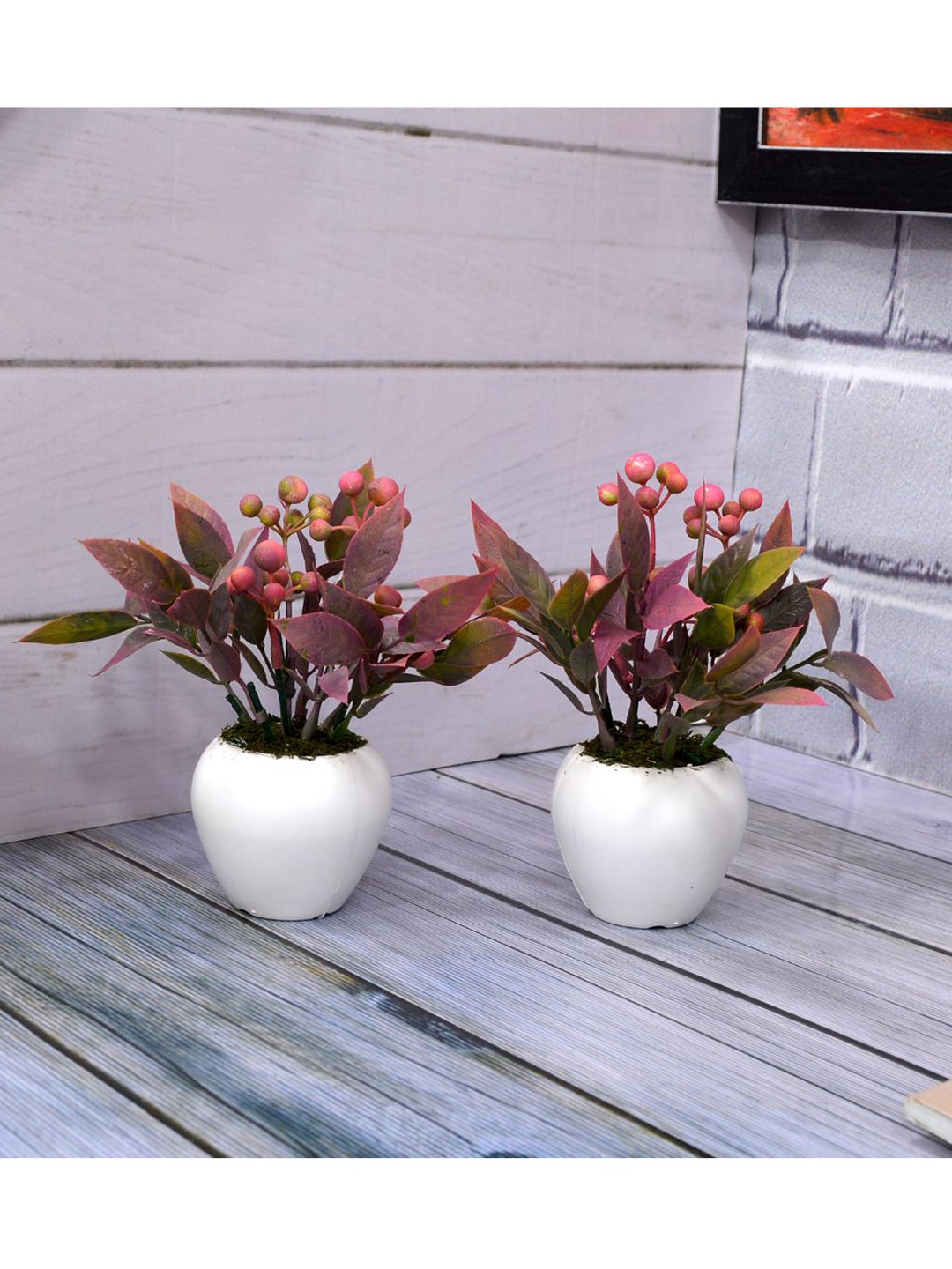 

fancy mart Set Of 2 Pink & White Artificial Berries Plant in Small Apple Pot