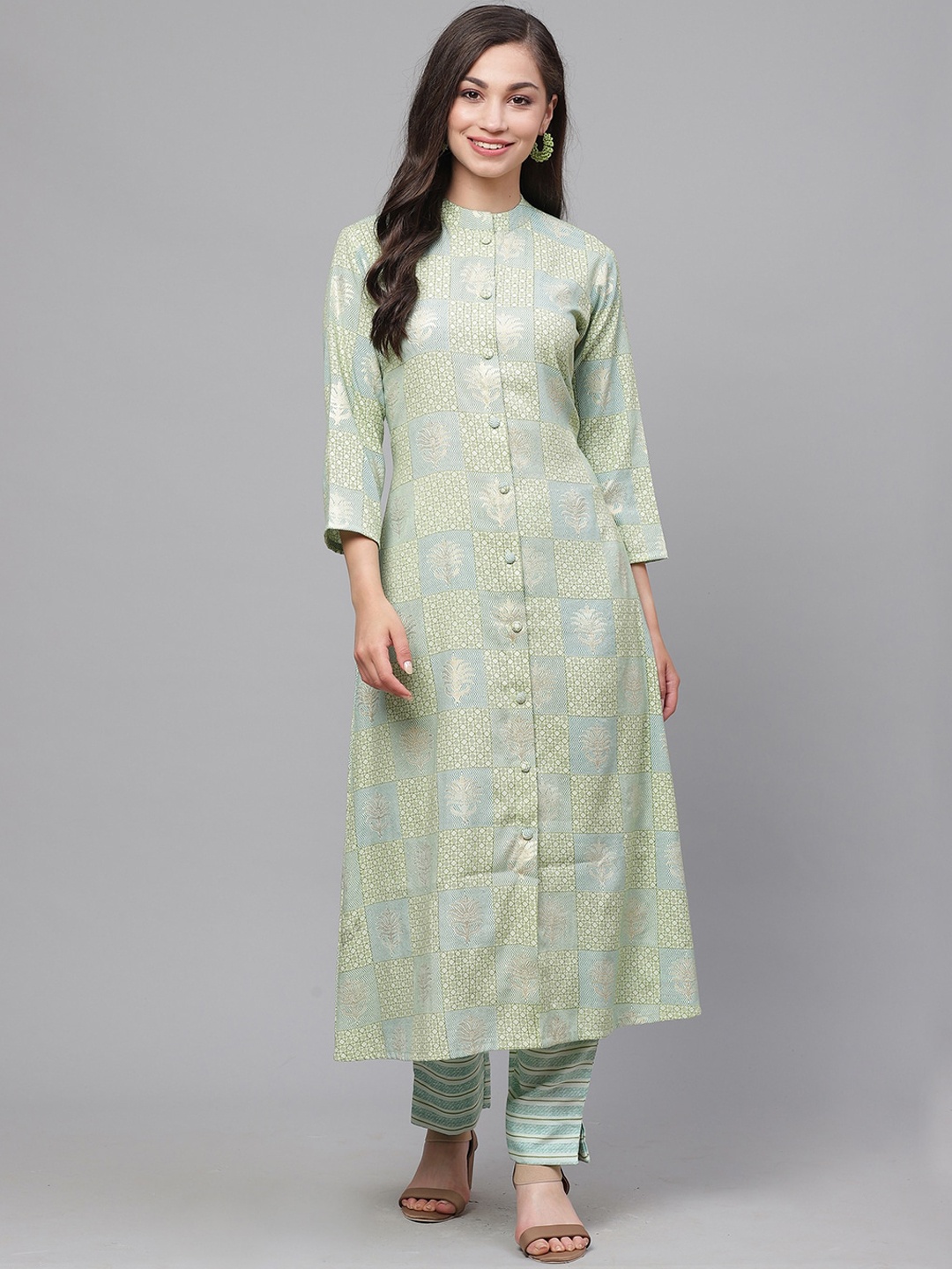 

Indo Era Women Green Foil Printed Panelled Kurta with Trousers
