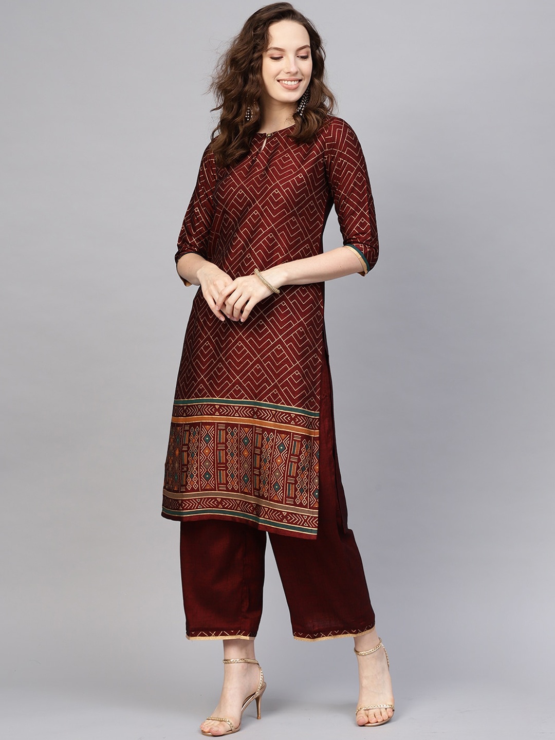 

Indo Era Women Maroon Ethnic Motifs Printed Pure Cotton Kurta with Palazzos