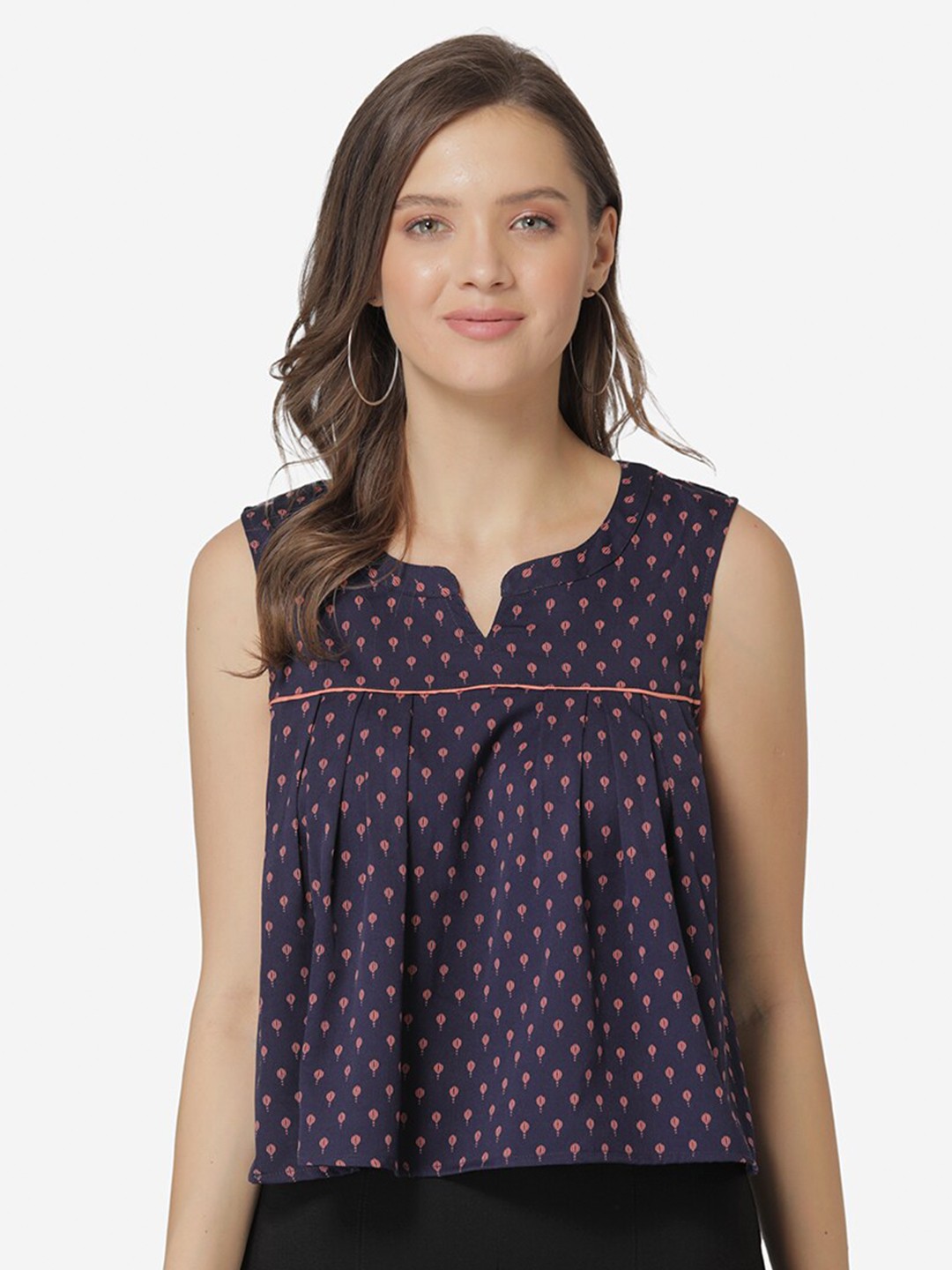 

Modriba Women Navy Blue Parachute Printed Crepe A-Line Top