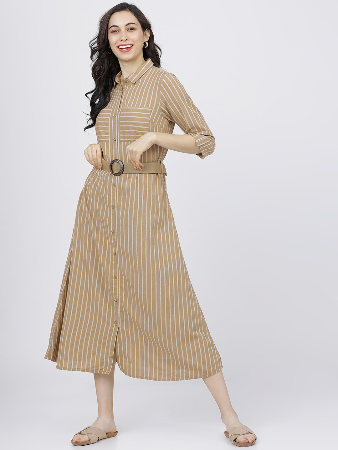 

Tokyo Talkies Khaki Striped Shirt Midi Dress