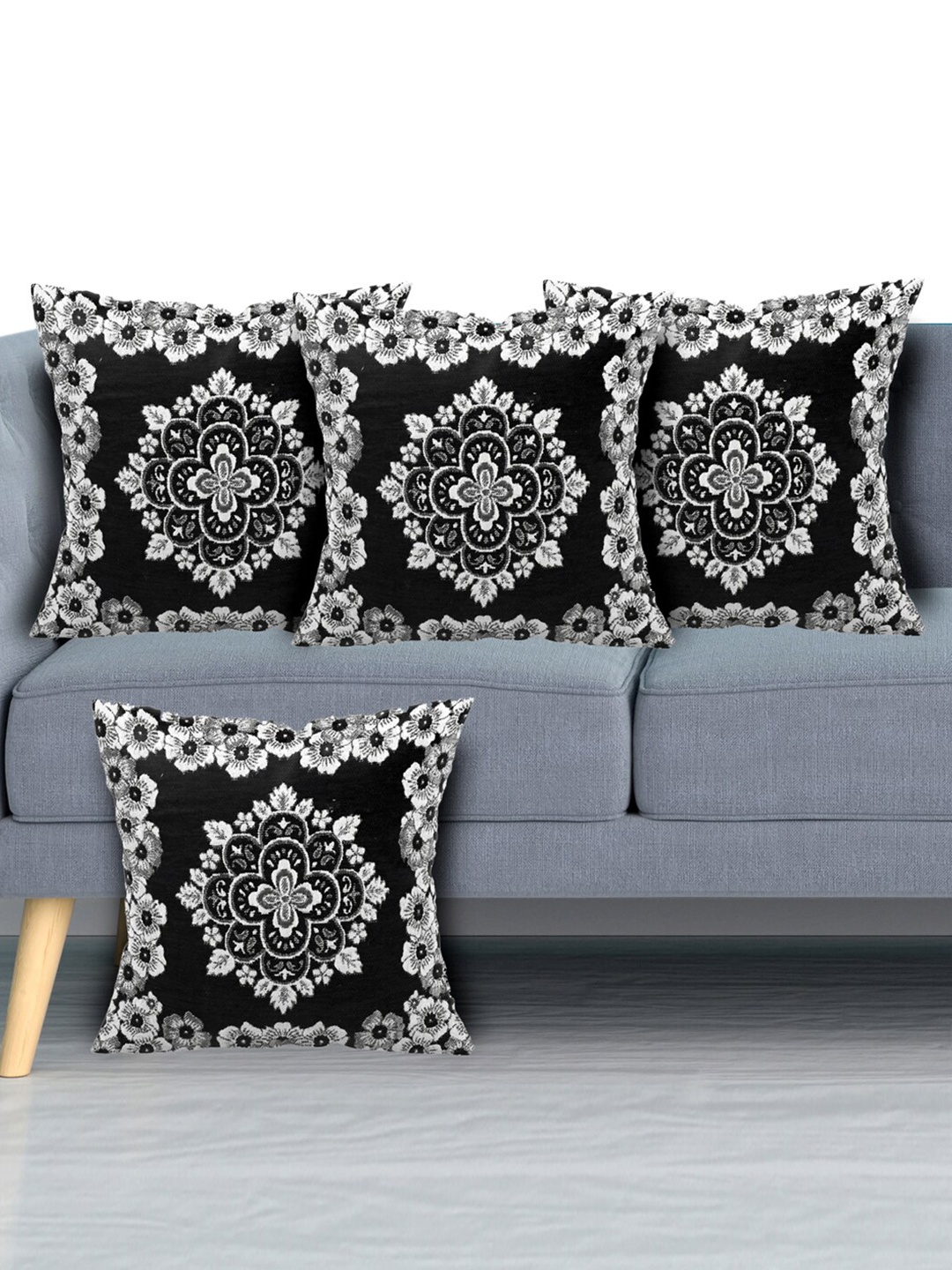 Kuber Industries Black & Grey Set of 4 Floral Velvet Square Cushion Covers