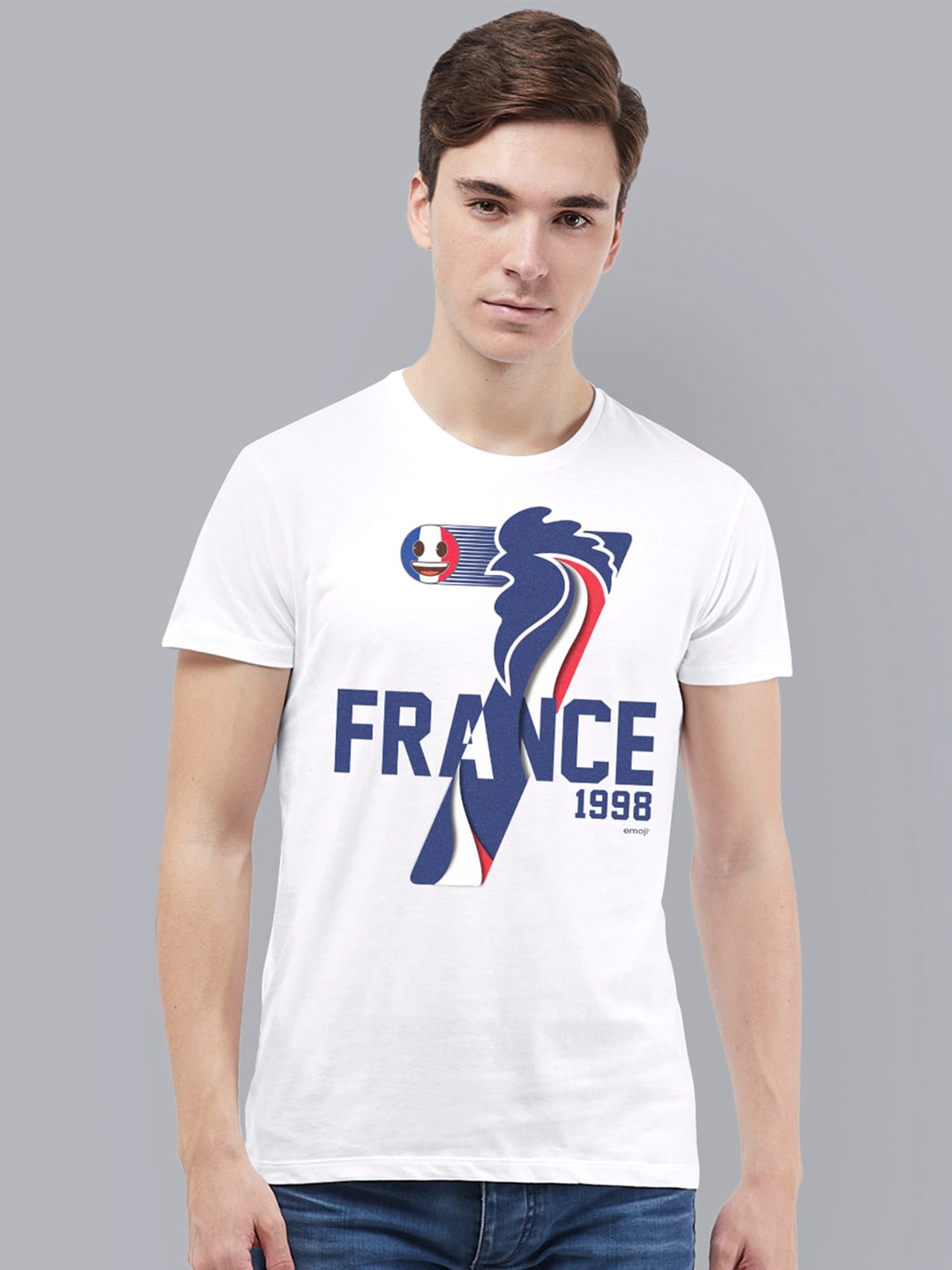 

Free Authority Men White Blue Emoji Soccer Printed Pure Cotton T-shirt