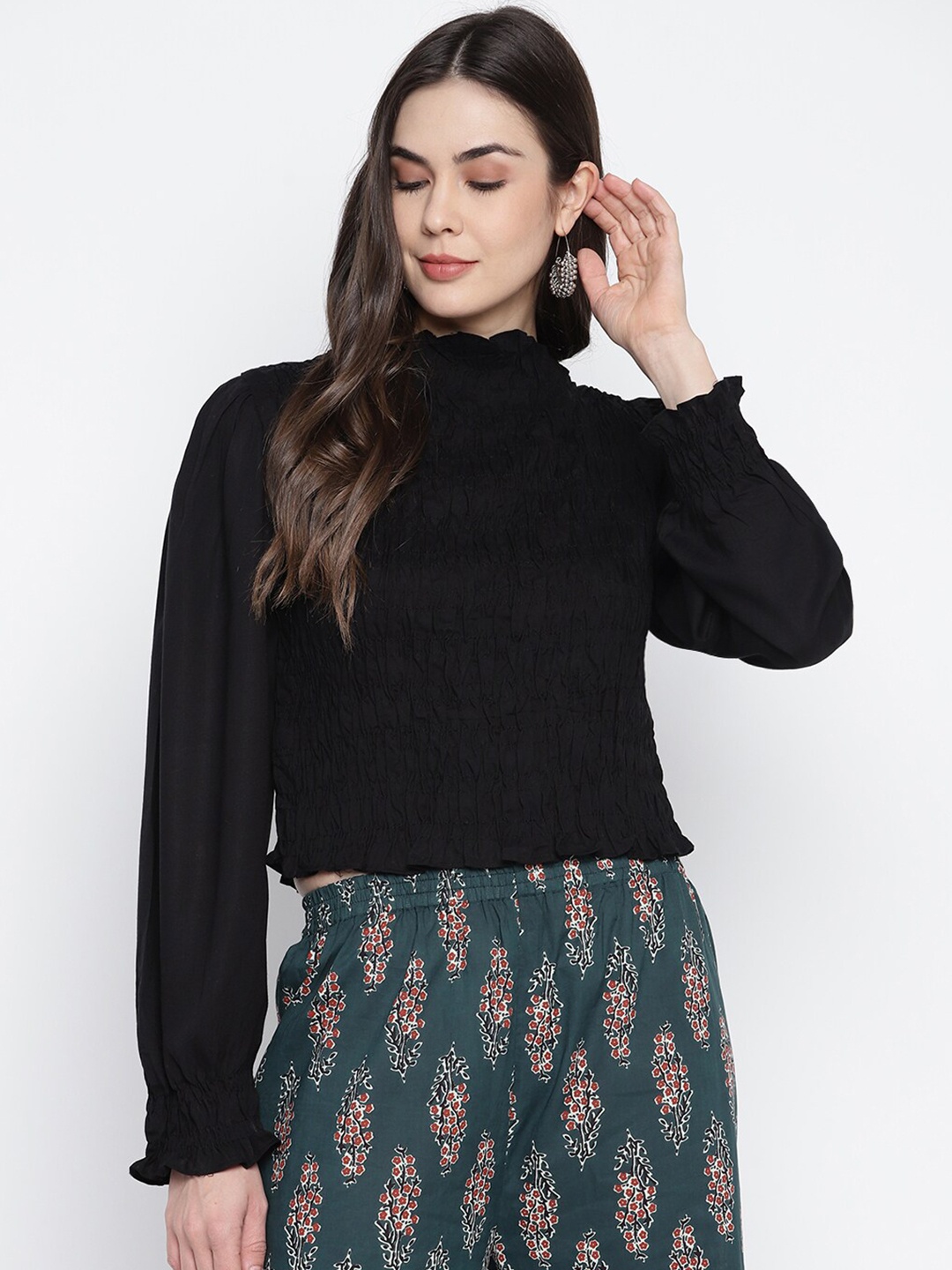 

Aawari Rayon Ruffle Solid Black Top