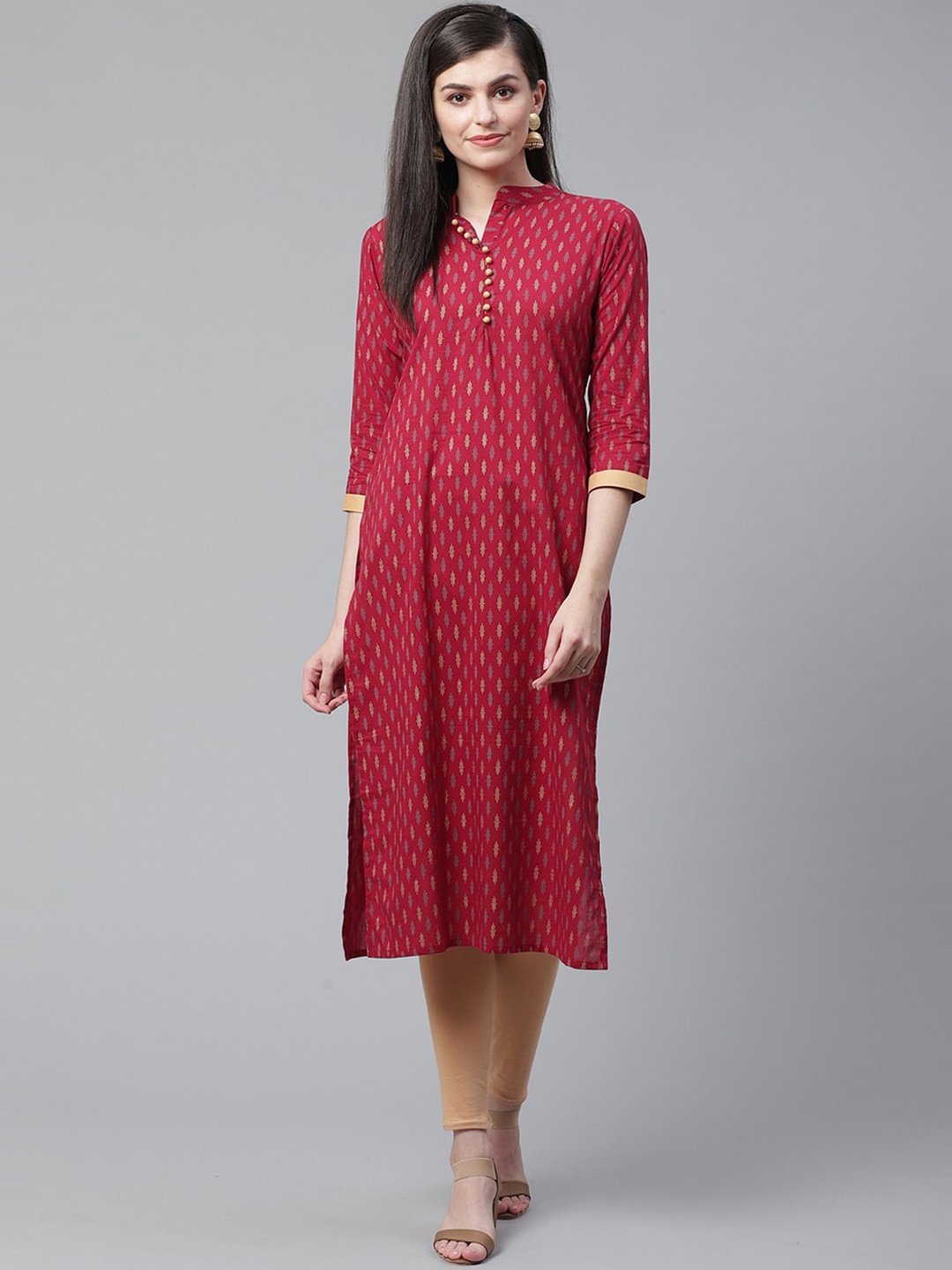 

Indo Era Women Maroon & Beige Printed Straight Kurta