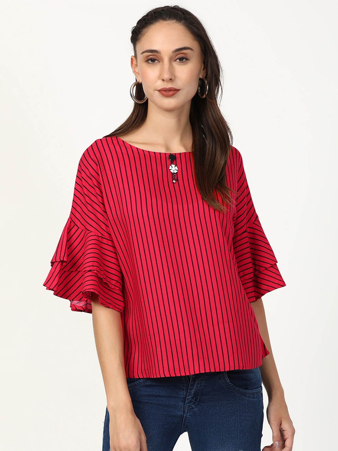 

V2 Value & Variety Red Striped Bell Sleeve Regular Top