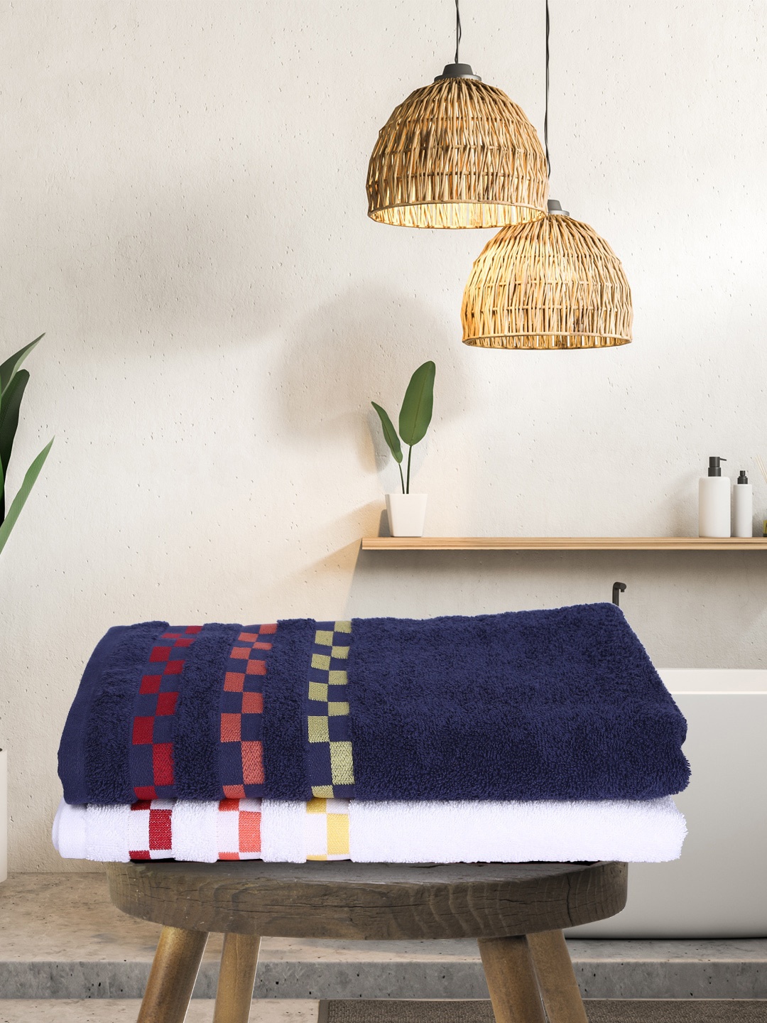 

BIANCA Set Of 2 Navy Blue & White Solid 450 GSM Pure Combed Cotton Bath Towels