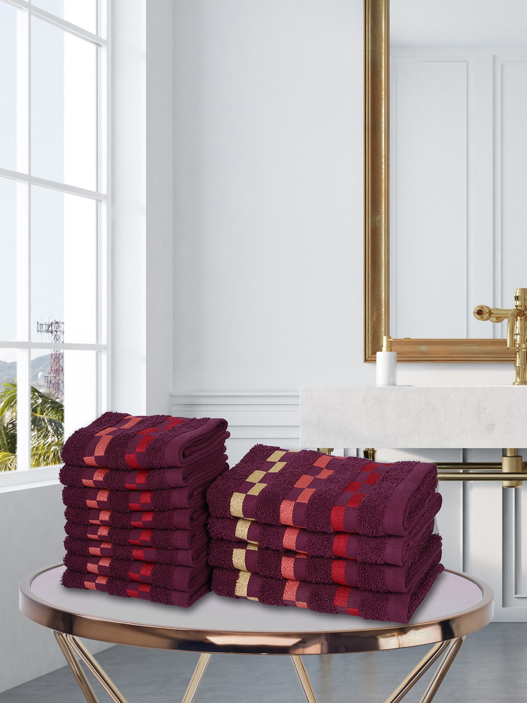 

BIANCA Set Of 12 Purple & Red Striped 450 GSM Pure Mercerized Combed Cotton Towels