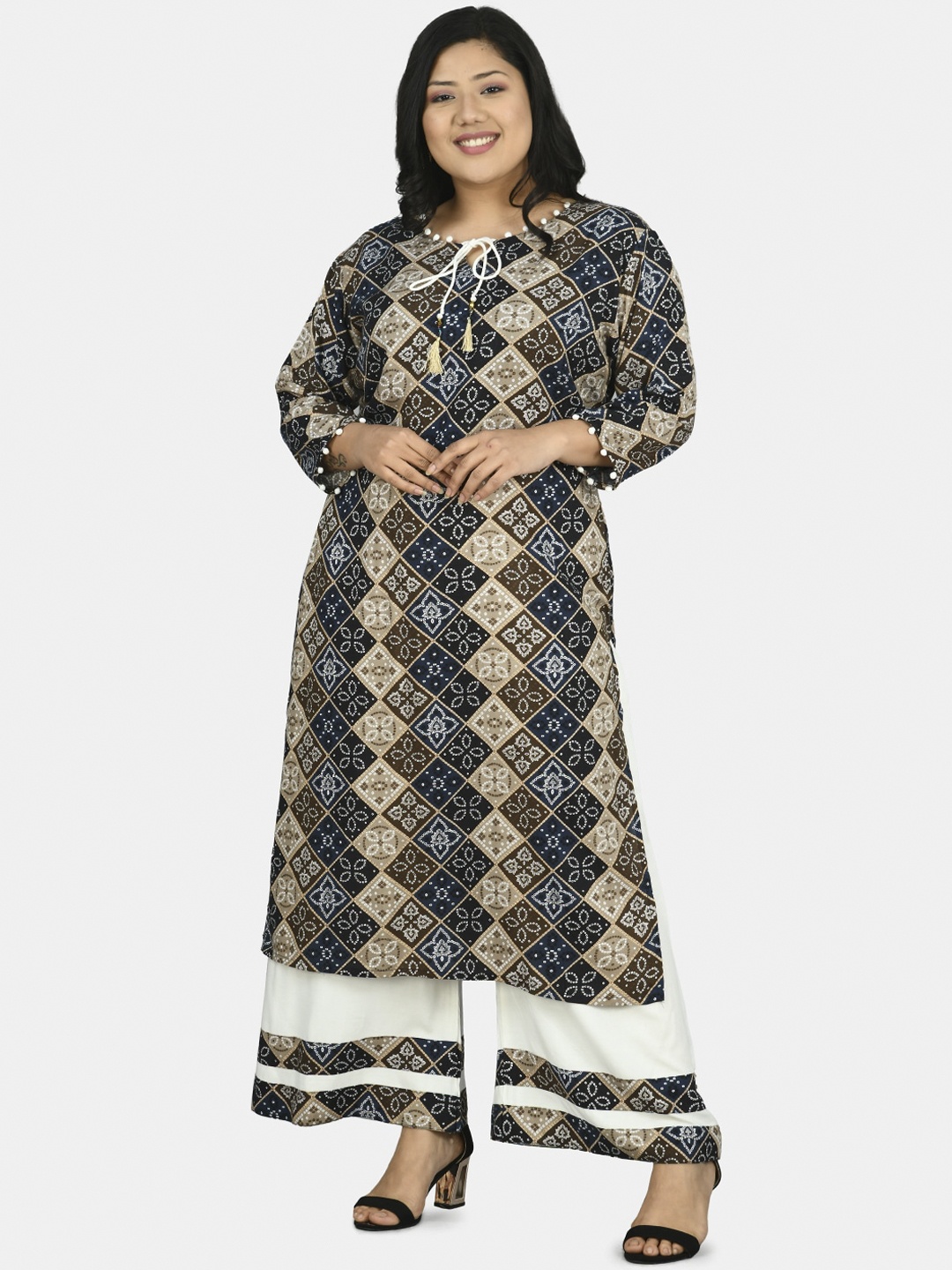 PrettyPlus by Desinoor.com Women Navy Blue Printed Kurta with Palazzos