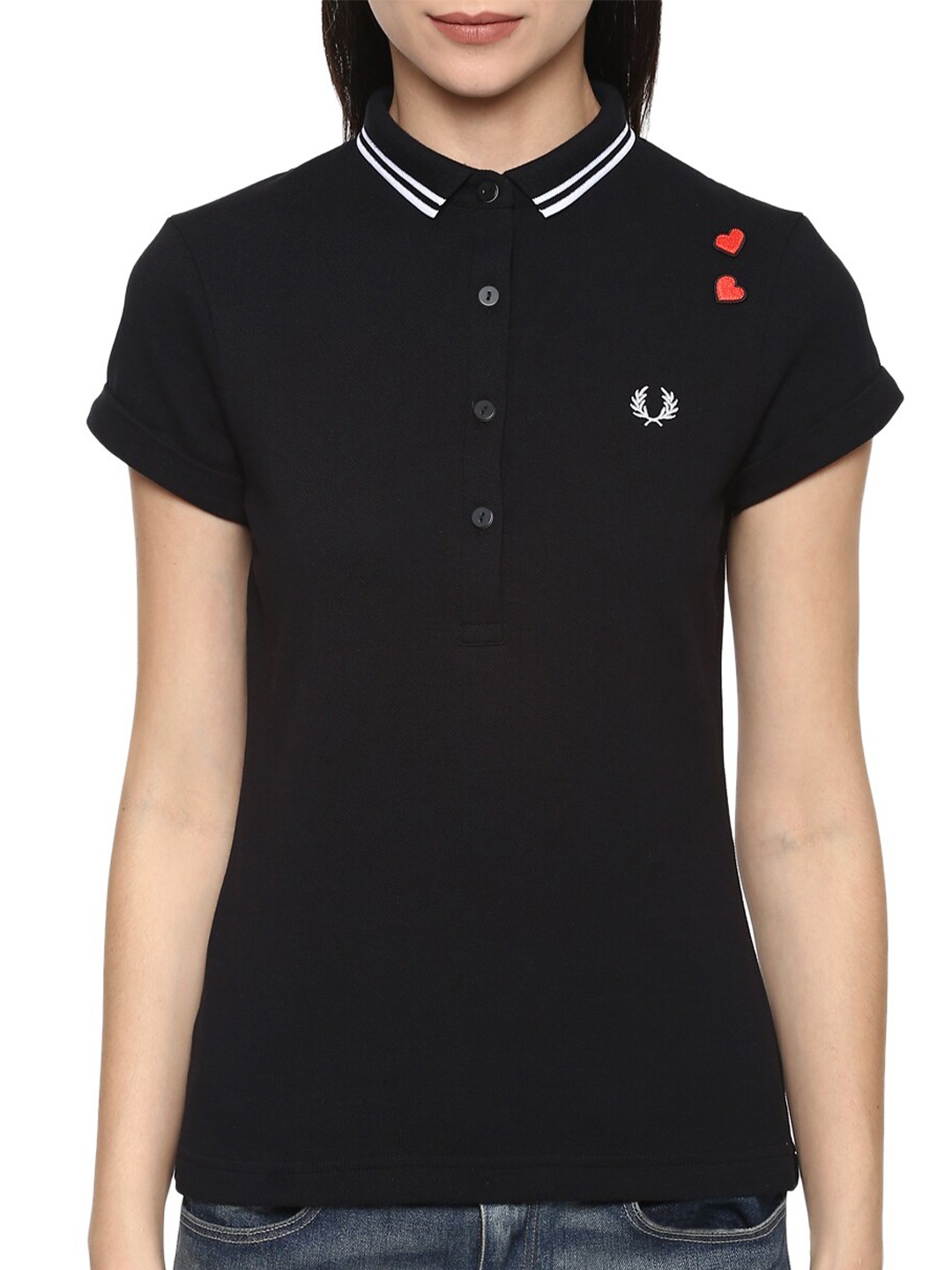

Fred Perry Women Black Polo Collar Applique T-shirt